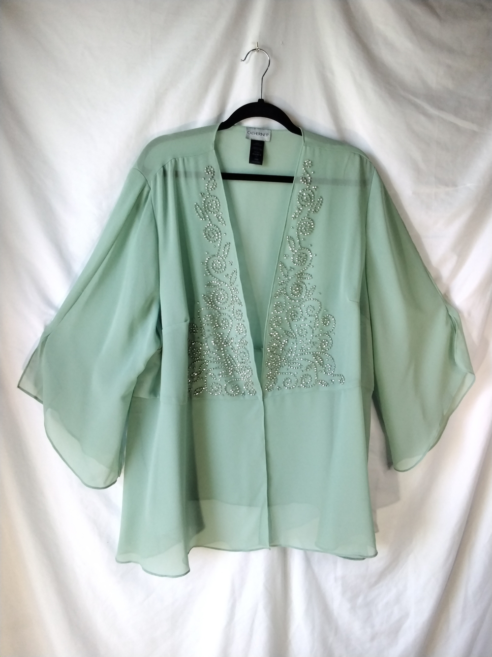 Catherine Mint Beaded Open Front Chiffon Tunic Kimono